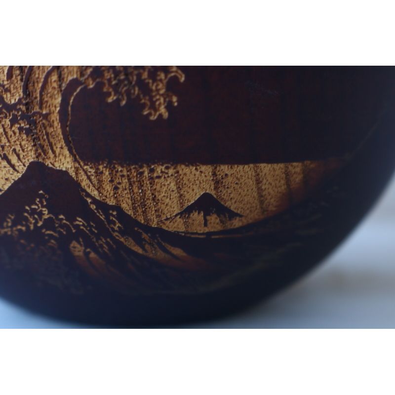 Cuenco de arroz japonés redondo de madera natsume oscura con diseño de ondas - NAMI