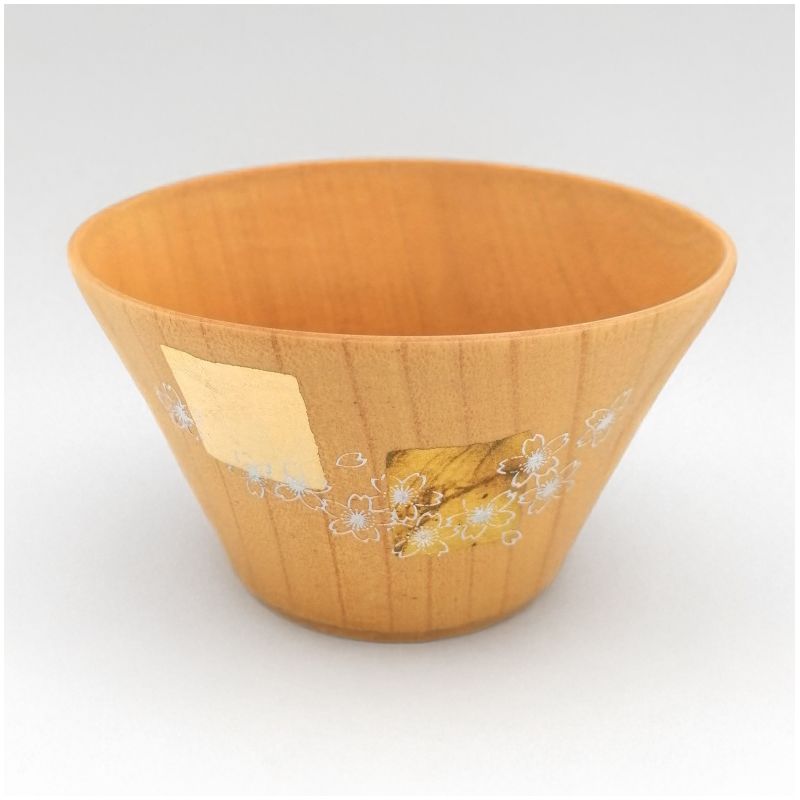 Japanese rice bowl in cedar wood with cherry blossom motif lacquered in gold and silver, MAKIE SAKURA