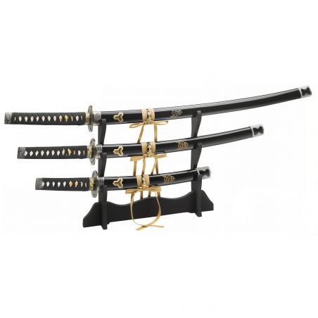 Hikari No Tenshi Set - Tanto + Wakizashi + Katana + Supporto - Manico in Pelle di Razza