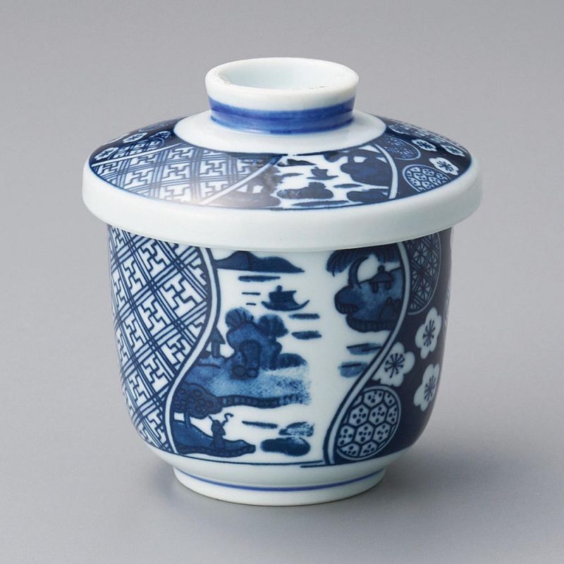 Japanese cup with chawan mushi lid, traditional landscape - KYO SANSUI