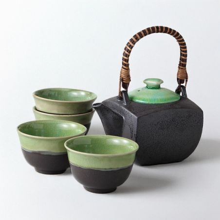 Set teiera e 4 tazze in ceramica nera e verde - MIDORI