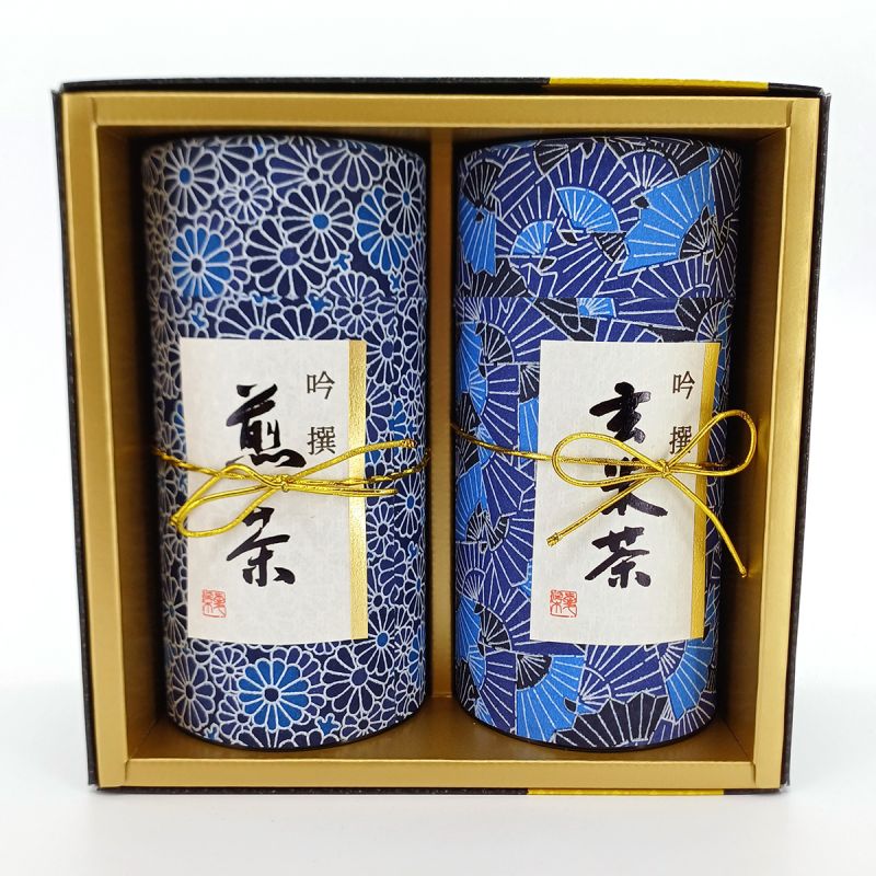 Duo di barattoli di tè giapponese blu ricoperti di carta washi, AIZOME, 200 g