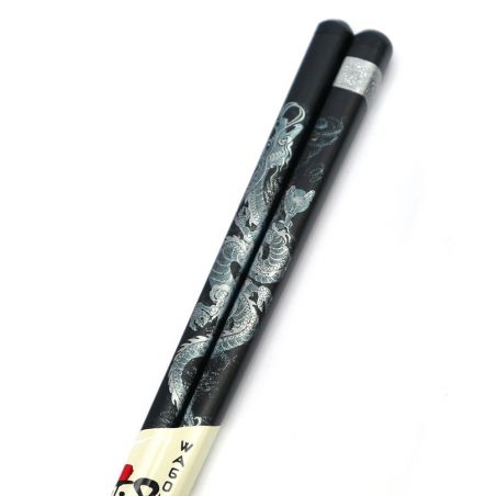 Pair of Japanese chopsticks in black natural wood with golden or silver dragon pattern, WAKASA NURI SEIRYU, 24 cm