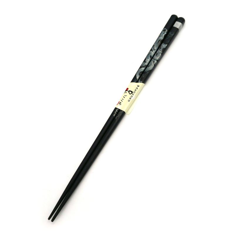 Pair of Japanese chopsticks in black natural wood with golden or silver dragon pattern, WAKASA NURI SEIRYU, 24 cm