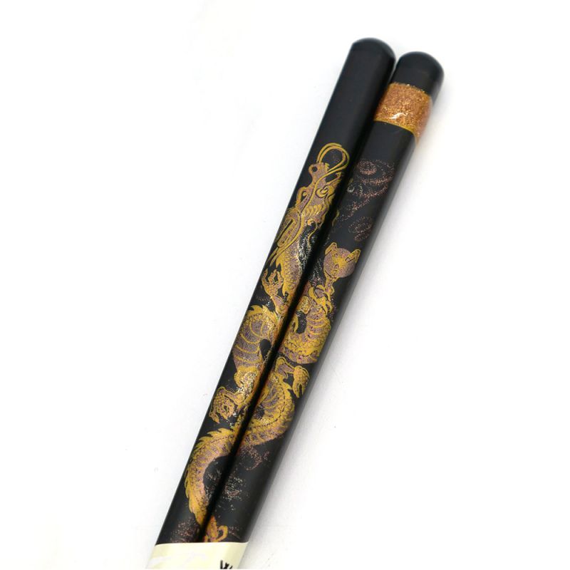 Pair of Japanese chopsticks in black natural wood with golden or silver dragon pattern, WAKASA NURI SEIRYU, 24 cm