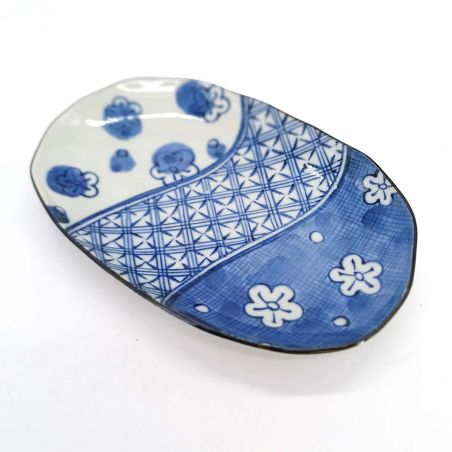 Assiette ovale japonaise en céramique, gris et bleu - SAKURA