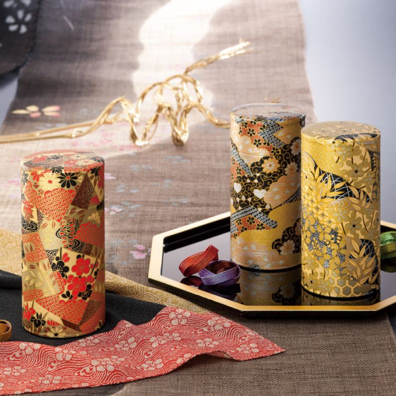 Boîte à thé japonaise rouge et dorée en papier washi, KOGANE, 200 g