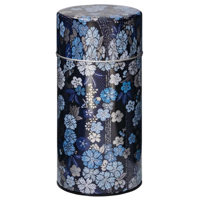 Japanese blue metal tea canister, Kinran Umezakura, blue, 300 g