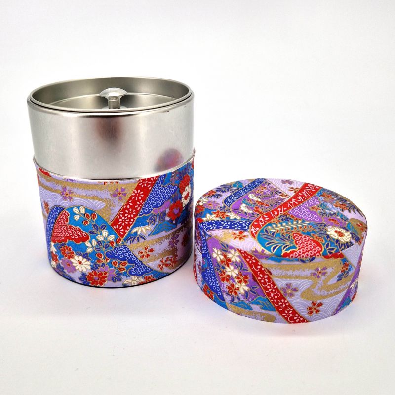 Flache japanische Teedose aus violettem Washi-Papier, YUZEN KICHONA, 150 g