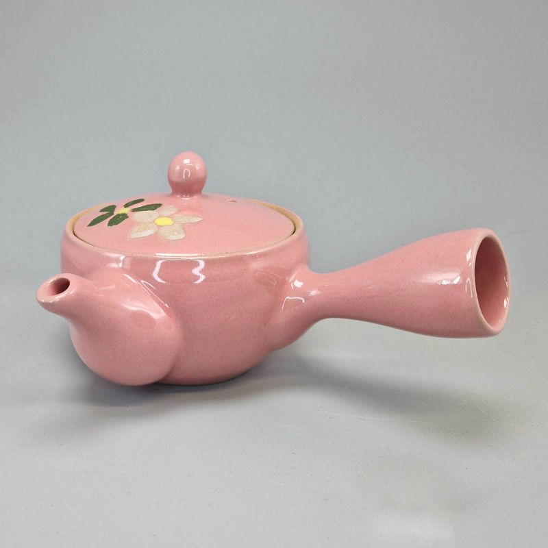 Kyusu Teekanne 220cc - Rosa mit Weißen und Grünen Blumen