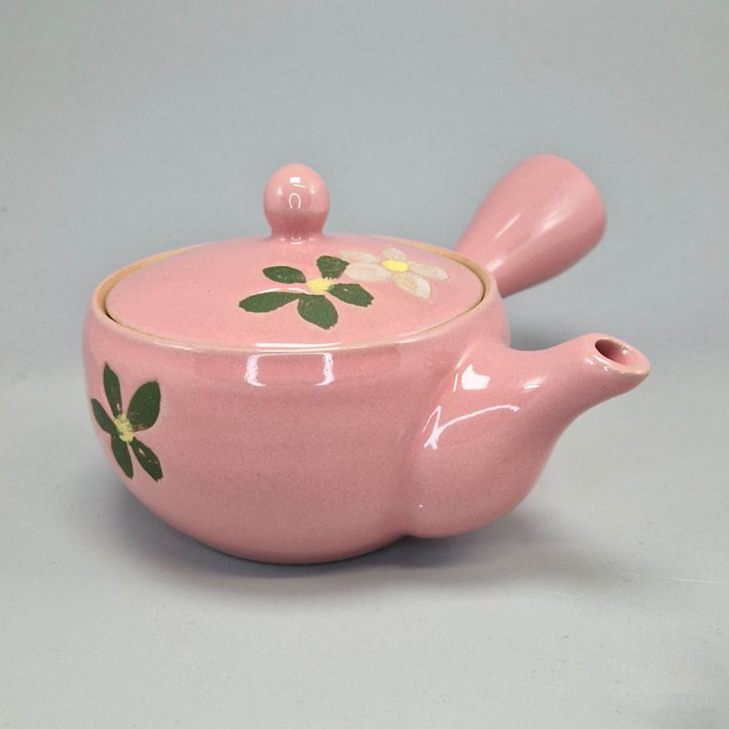 Kyusu Teekanne 220cc - Rosa mit Weißen und Grünen Blumen