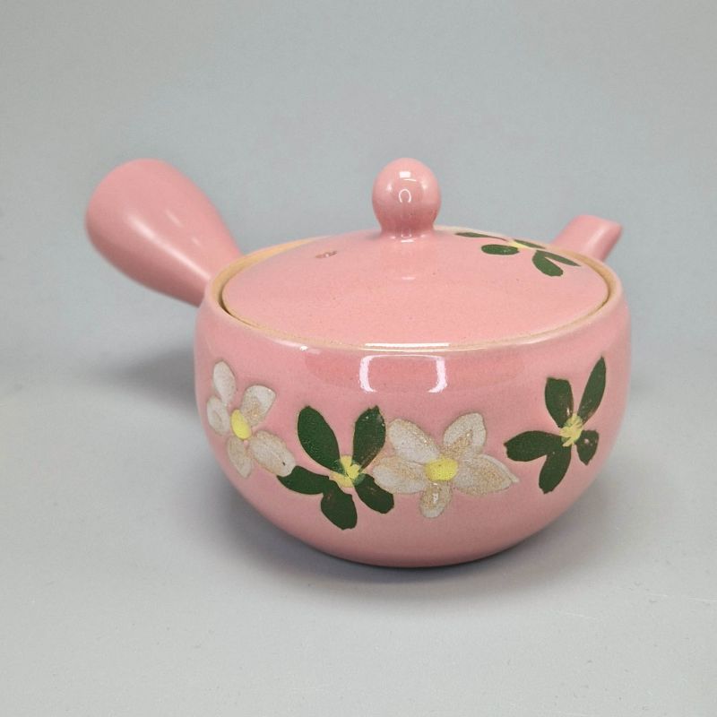 Théière Kyusu 220cc - Rose avec Fleurs Blanches et Vertes