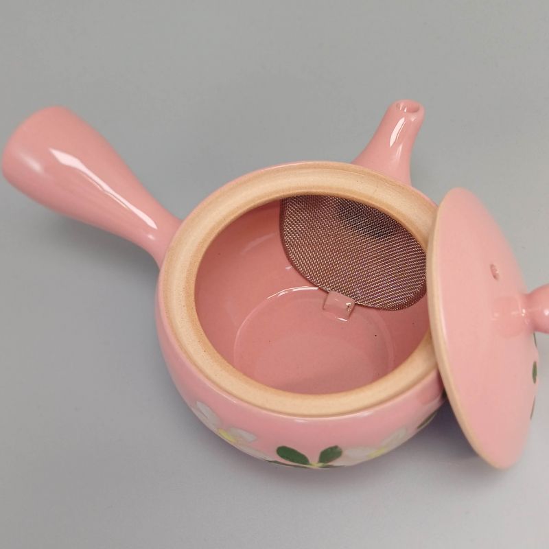 Kyusu Teekanne 220cc - Rosa mit Weißen und Grünen Blumen