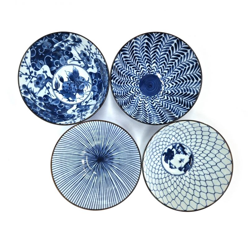 Set mit 4 großen japanischen Ramenschalen, MOYO, blau und weiß