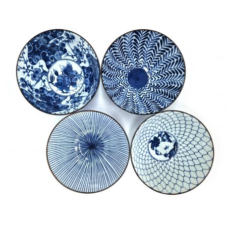 Set mit 4 großen japanischen Ramenschalen, MOYO, blau und weiß