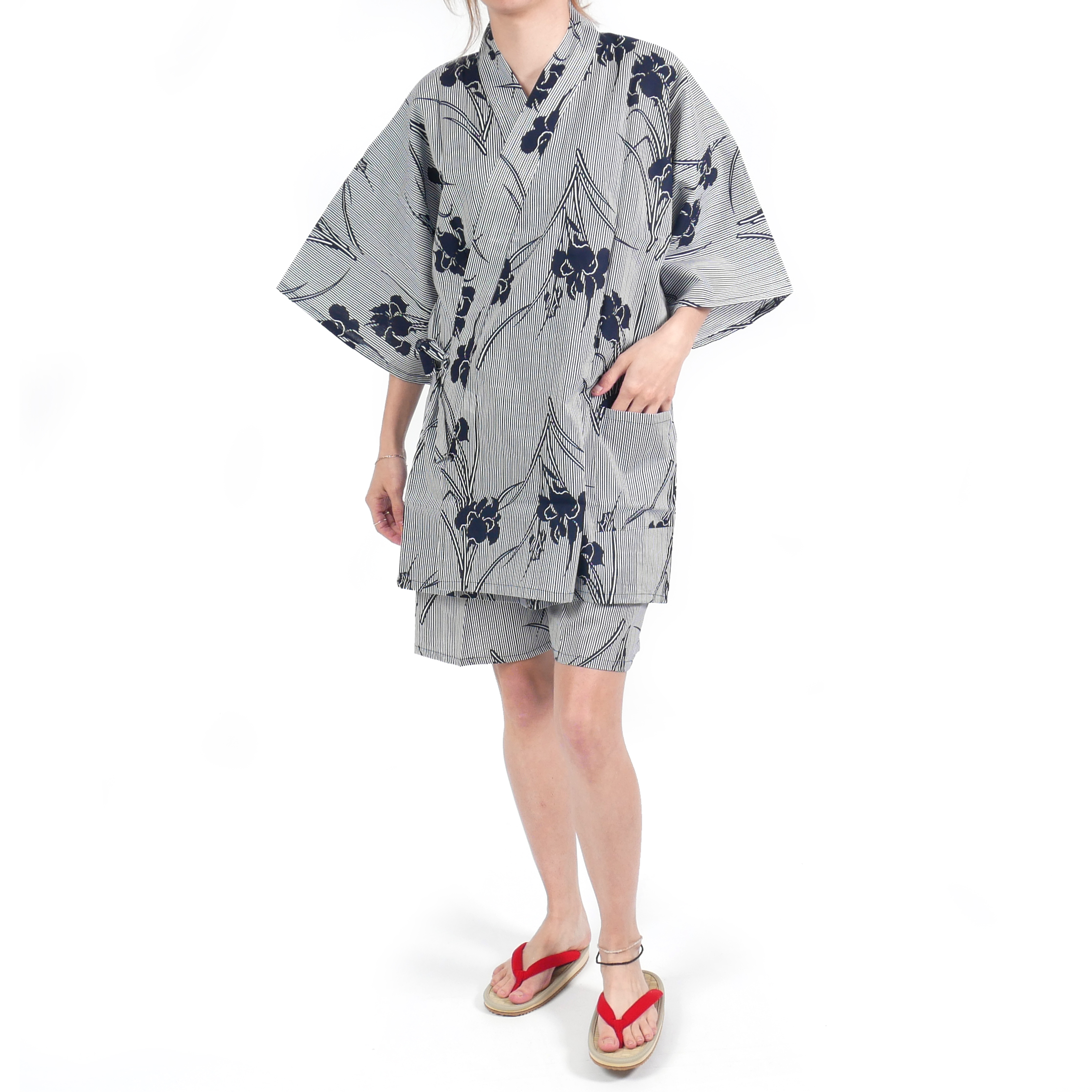 tienda A la verdad Ennegrecer Rayas de kimono de algodón azul gris japonés tradicional jinbei y flores de  iris para mujer